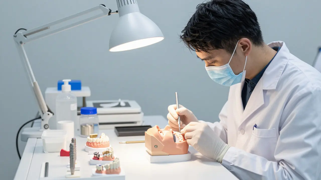 Specialista na maxilofaciální náhrady při dokončování realistické protézy.