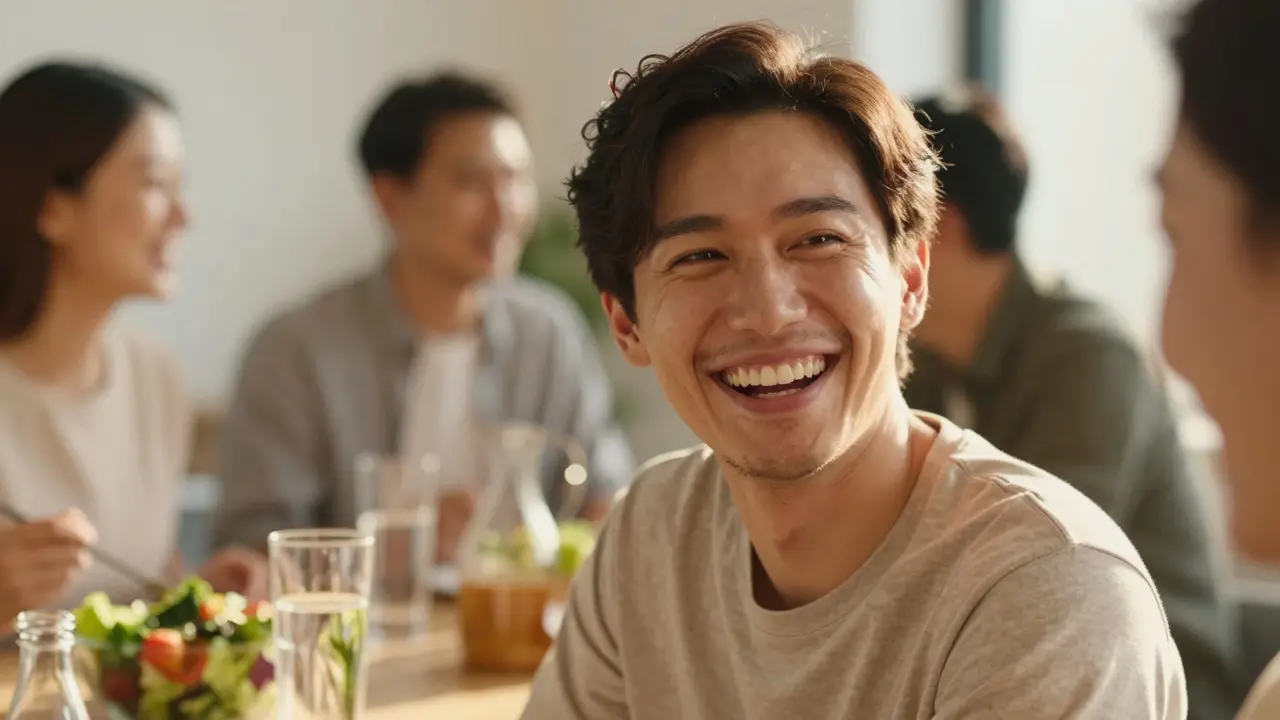 Šťastná osoba se zdravým a zářivým úsměvem v přirozeném světle.