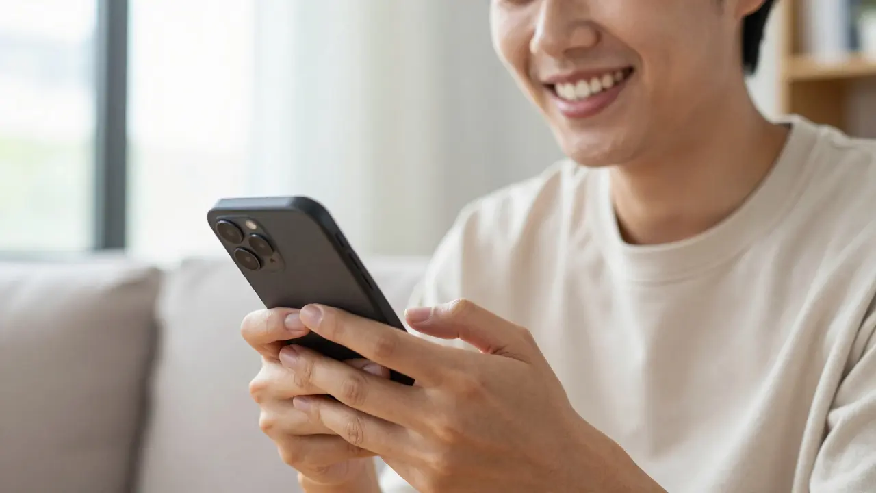 Šťastný člověk s krásným úsměvem a mobilem v ruce, vyjadující spokojenost.