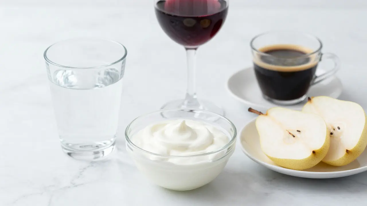 Svítí bílá dieta s vodou a bílým jogurtem vedle červeného vína.