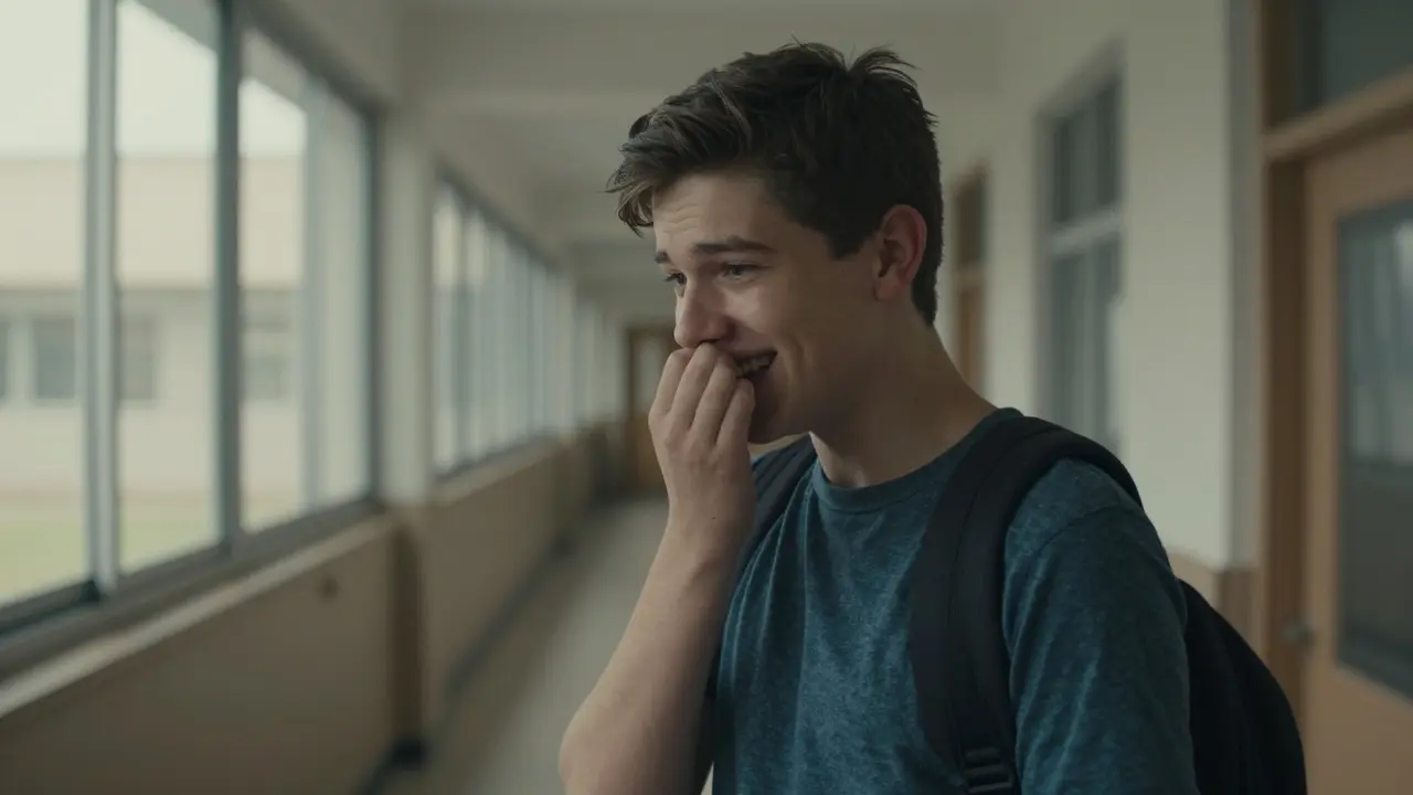 Teenager se stydlivě zakrývá ústa rukou v školní chodbě.