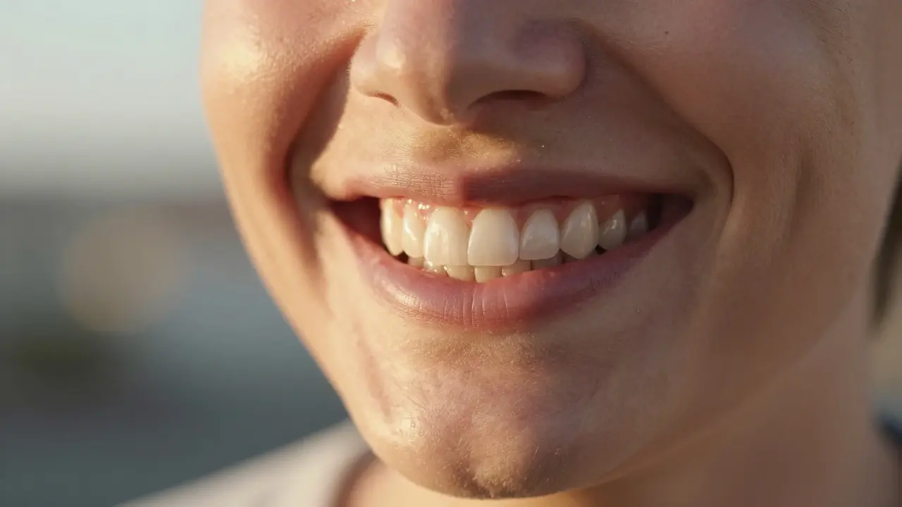 Úsměv s přirozeně vypadajícími keramickými fasetami po estetické korekci predkusu.