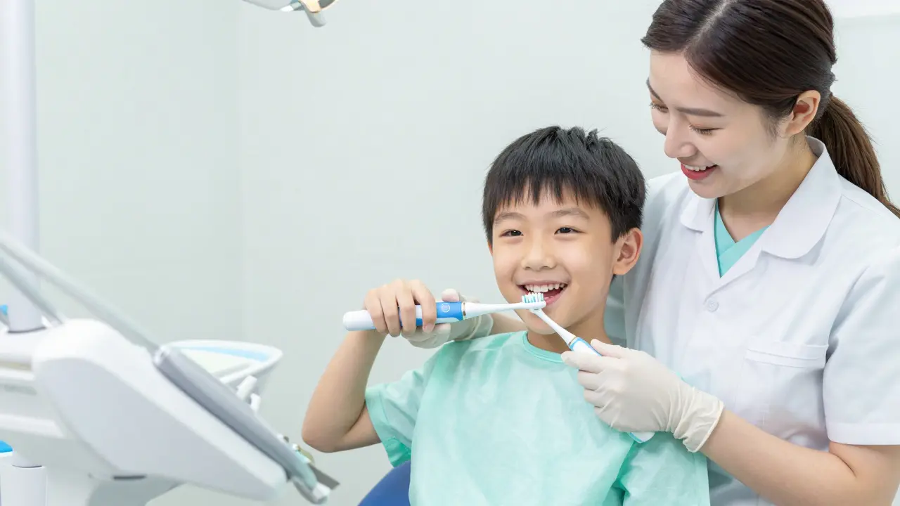 Zubní hygienika učí dítě správné technice čištění elektrickým kartáčkem.