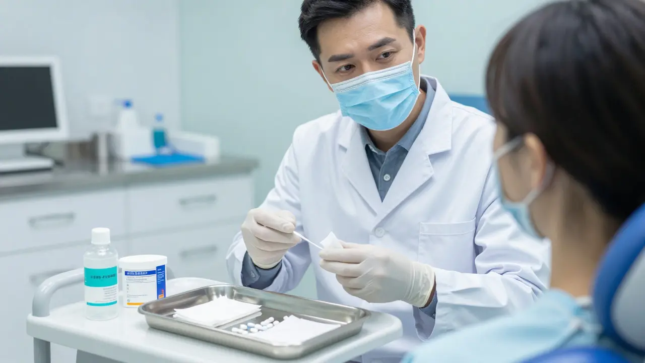 Zubní lékař v sterilním prostředí poskytující péči a instrukce pacientovi.