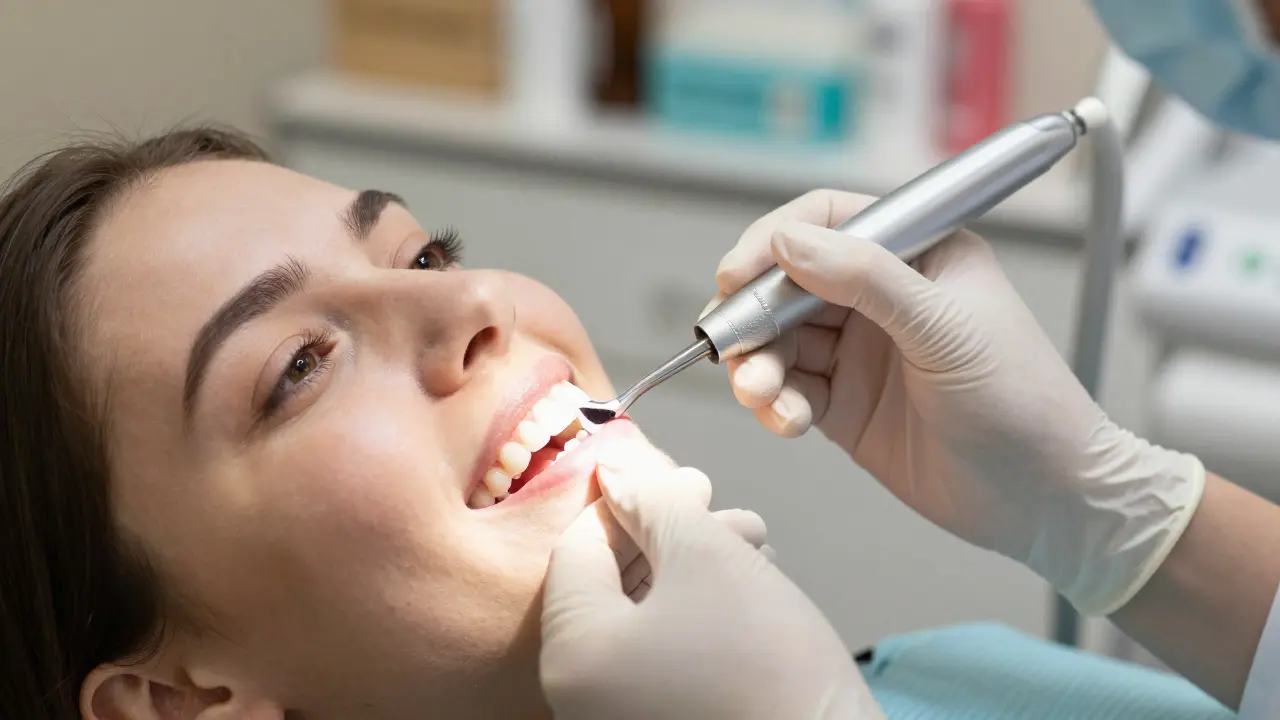 Dentista provádí profesionální údržbu úsměvu s fazetami