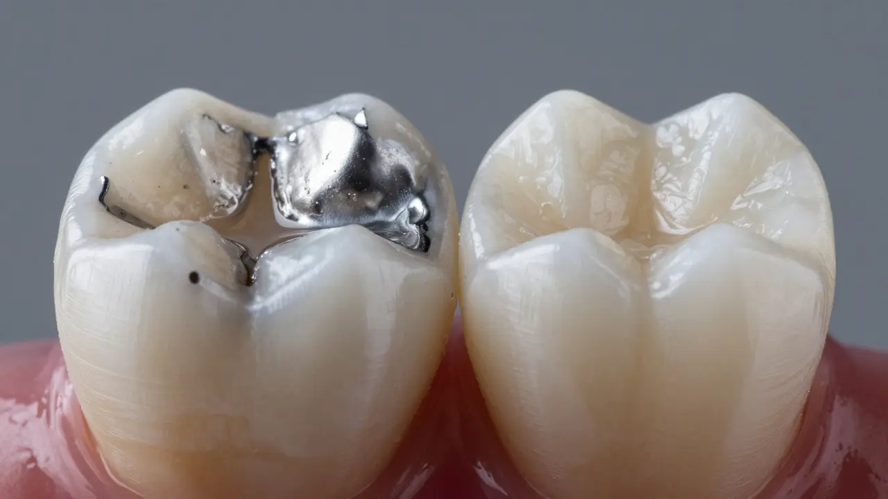 Detailní srovnání staré stříbrné amalgámové plomby a nové estetické bílé výplně.