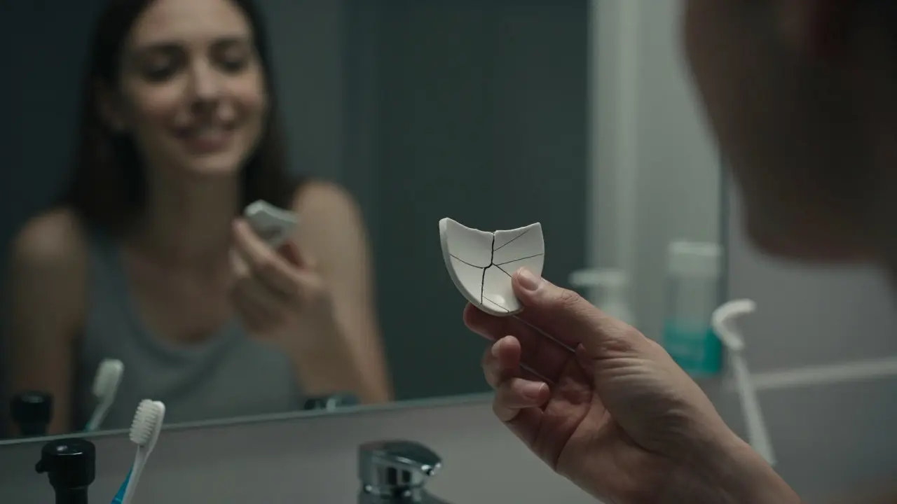 Lidé drží rozbitou fazetu, symbolizující rizika zákroku