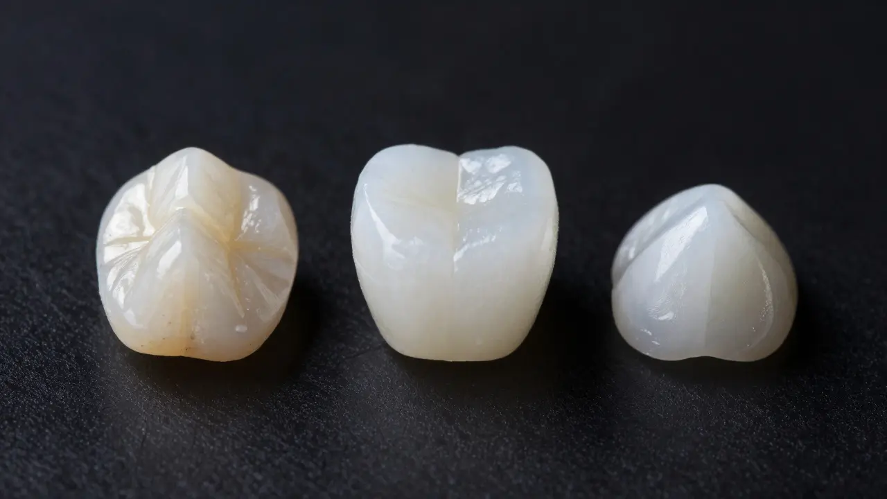 Makro záběr na vzorky materiálů: keramika, zirkon a kompozit