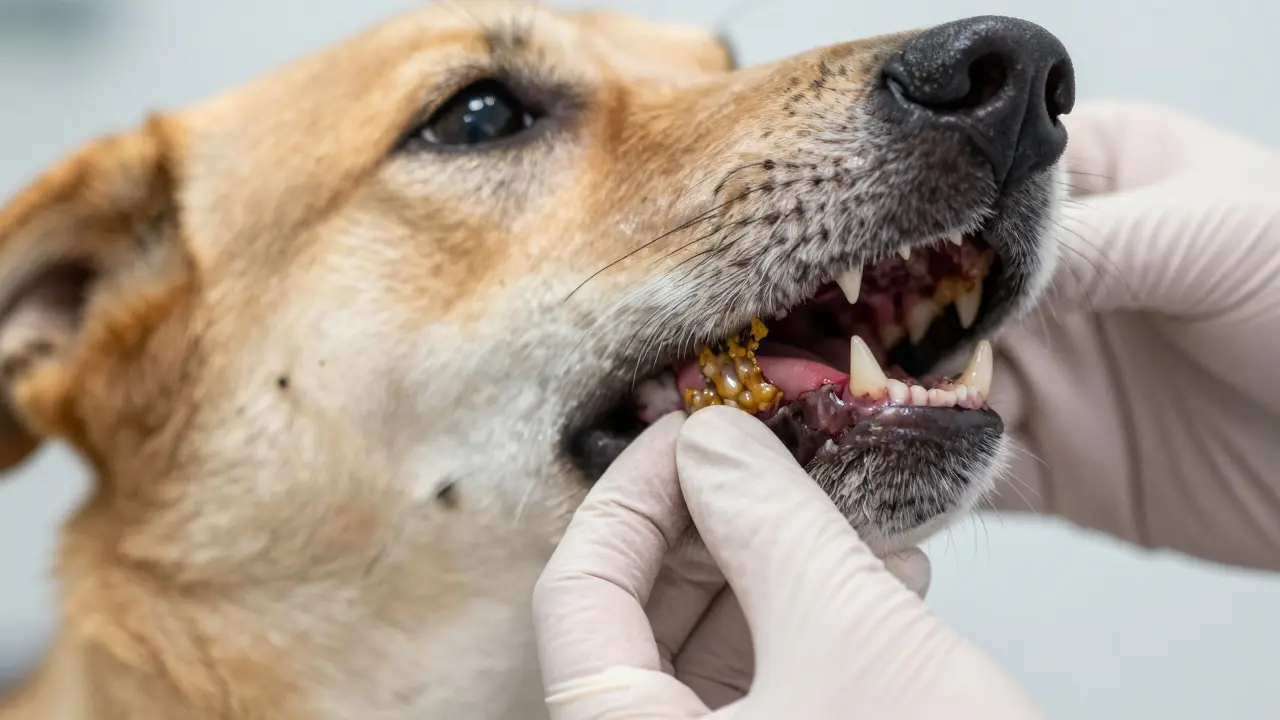 Veterinář kontroluje zuby psa s viditelným zubním kamenem