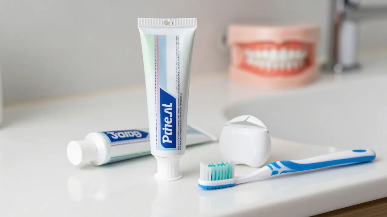 Zubní hygiena: pasta s fluoridem, nitě a mezizubní kartáček