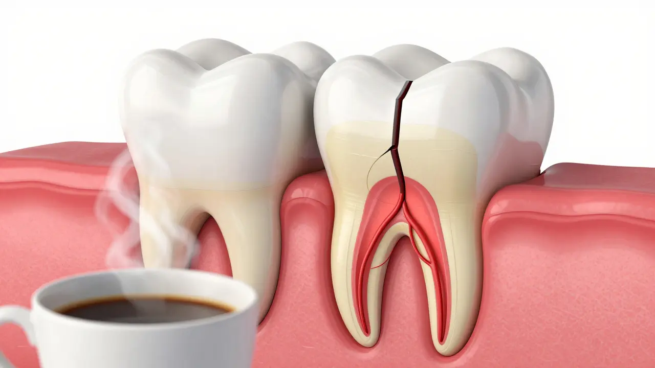 Anatomický průřez zubem ukazující hlubokou prasklinu až k nervu