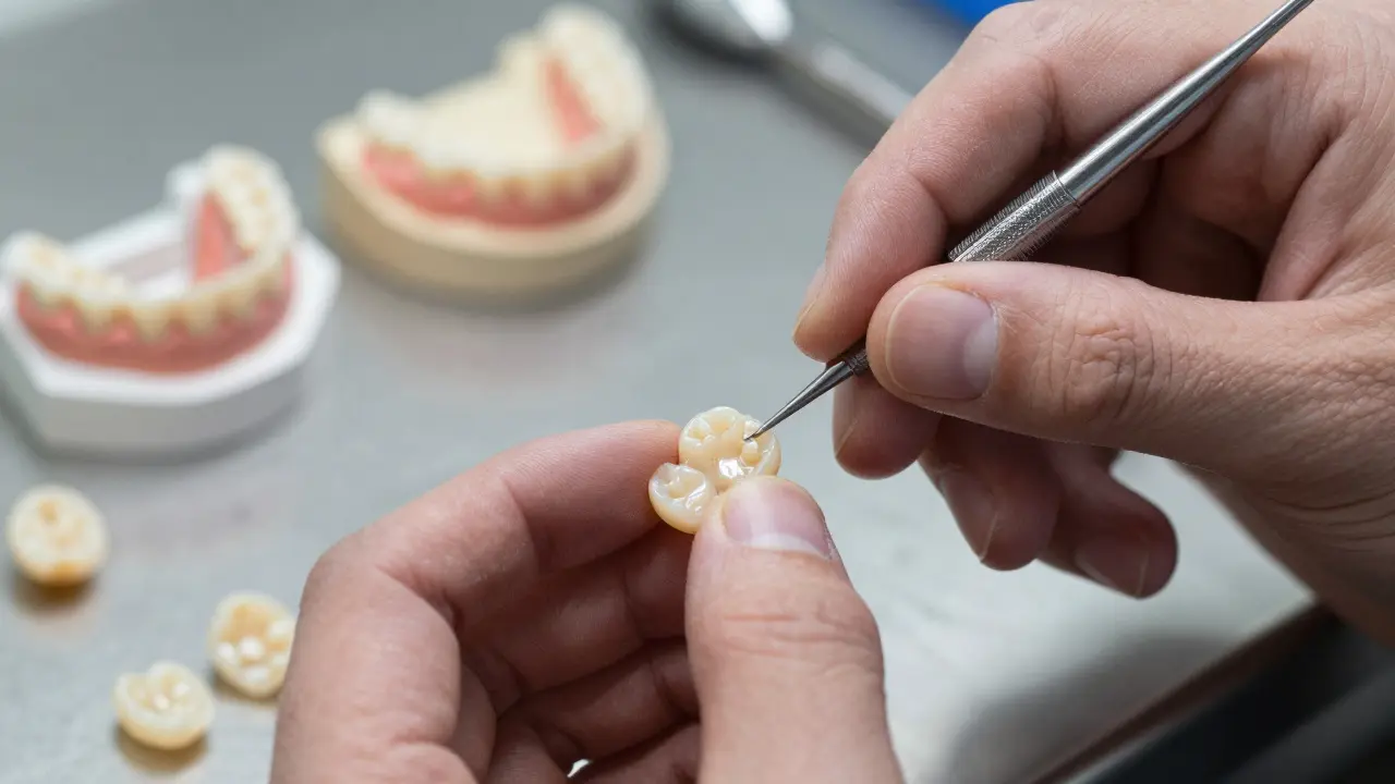 Detail rukou technika leštit keramickou zubní korunku v laboratoři