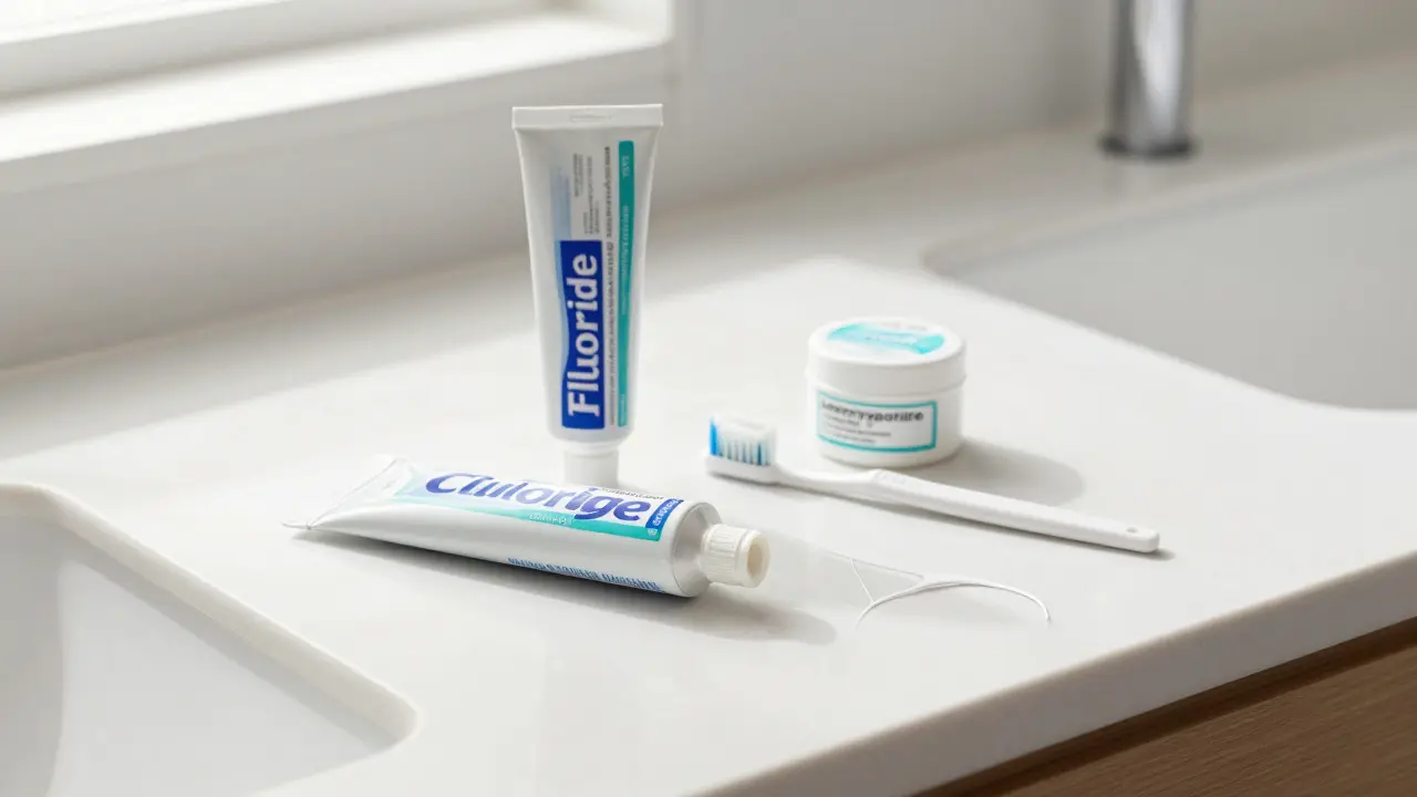 Hygienické potřeby pro čištění mezer mezi zuby na umyvadle