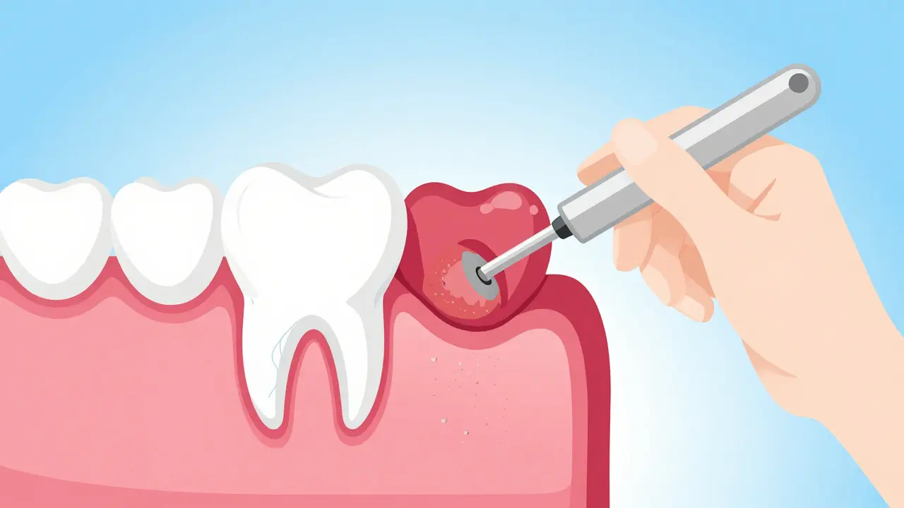 Ilustrace zdravých versus zánětlivých dásní s dentálním nástrojem