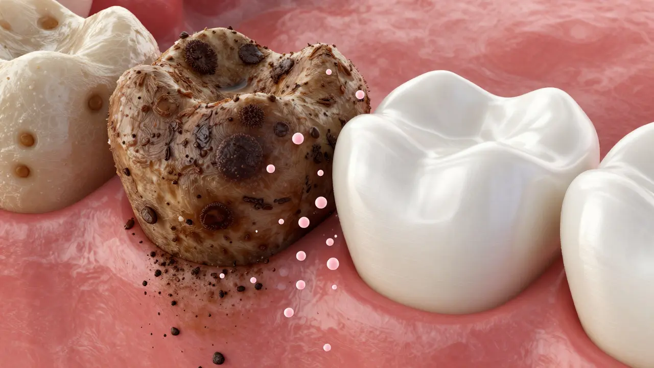 Mikroskopické zobrazení čištění povrchu zubu jemnými částicemi odstraňujícími skvrny.