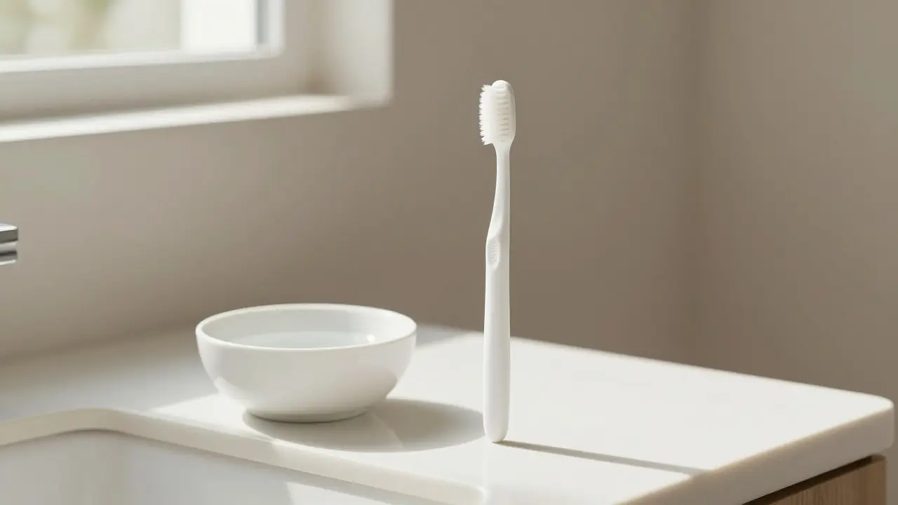 Minimalistický zubní kartáček na koupelnovém pultu v přirozeném světle