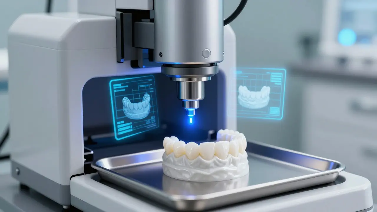 Moderní CAD/CAM frézovací stroj vyrábějící keramickou fazetu