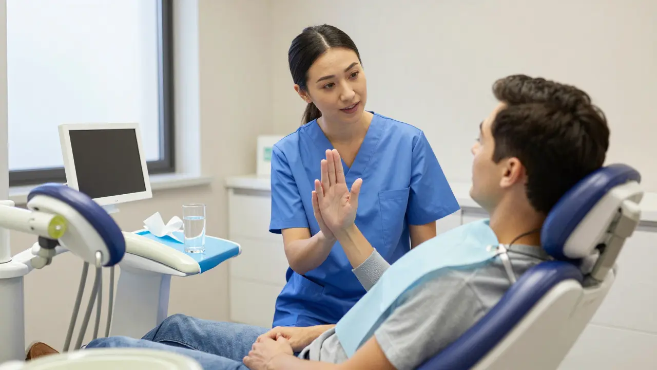 Relaxovaný pacient s hygieničkou, který používá gestu pro zastavení zákroku