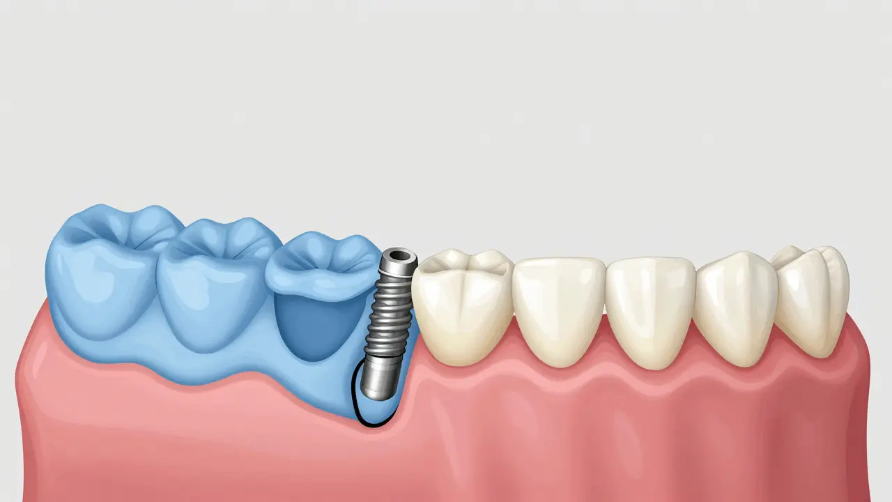 Schéma ukazující kombinaci implantátu a mostu s e-max korunkami