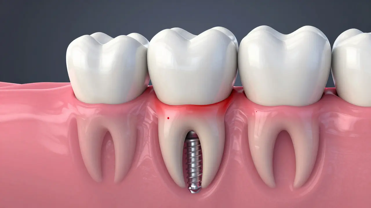 Schéma zánětu tkáně kolem zubního implantátu