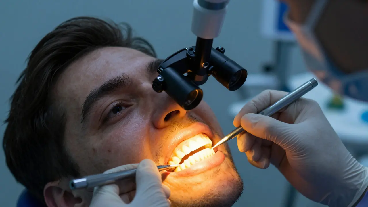 Zubní lékař zkoumá zuby pod speciálním světlem pro diagnostiku