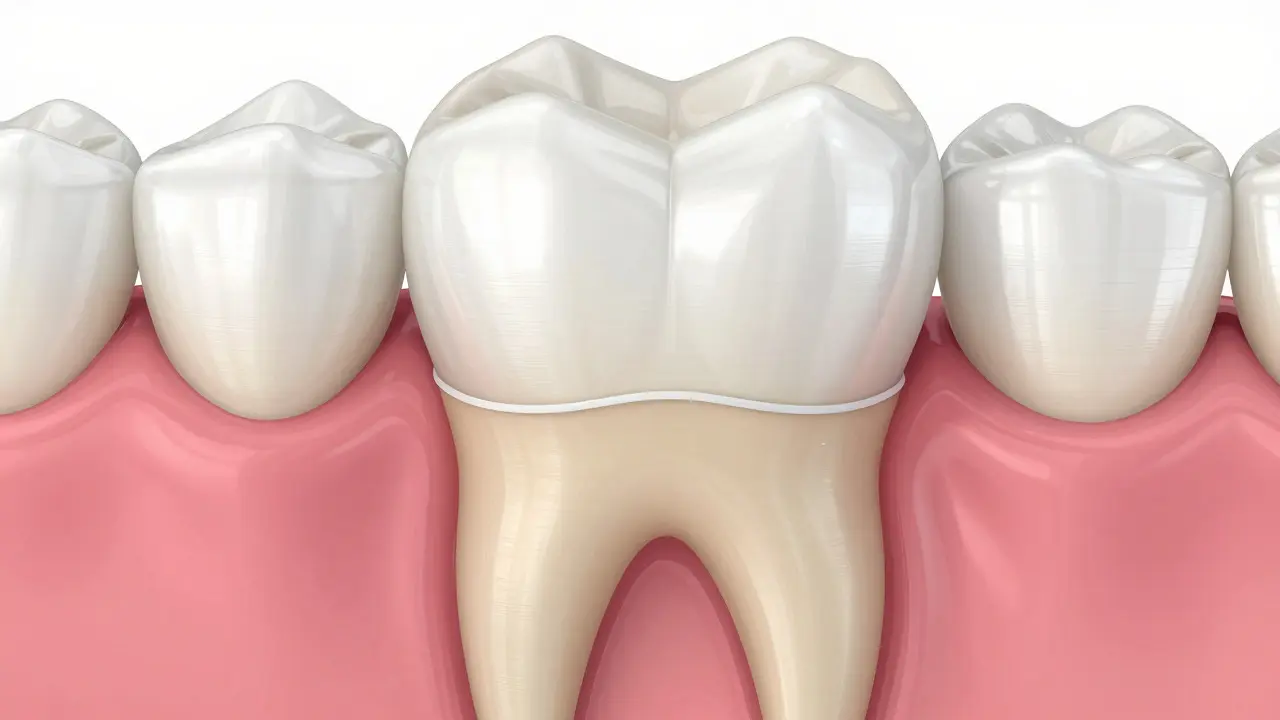 Anatomický průřez zubem s nalepenou porcelánovou destičkou a zdravými dásněmi.