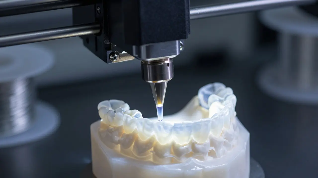 Detail 3D tiskárny vytvářející průhledný ortodontický aligner vrstvu po vrstvě