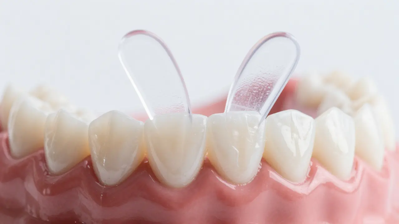 Detailní záběr průhledných vinyl destiček na modelu zubů