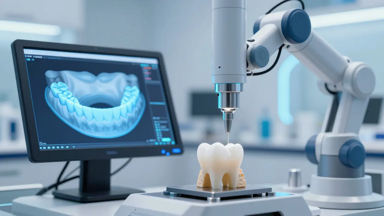 Digitální frézování keramického zubu v laboratoři