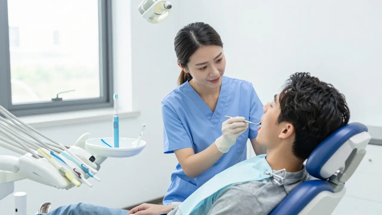 Hygienista vyšetřuje pacienta v moderní a klidné ordinaci