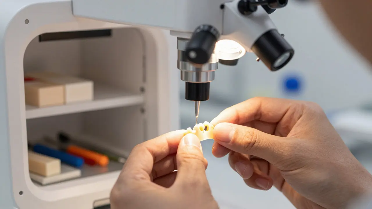 Technik v laboratoři dokončuje keramickou zubní korunku s precizností