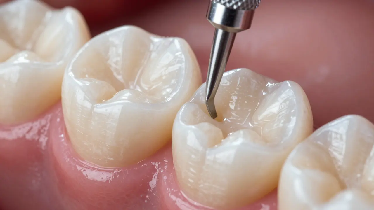Close-up of a tooth receiving a composite filling repair
