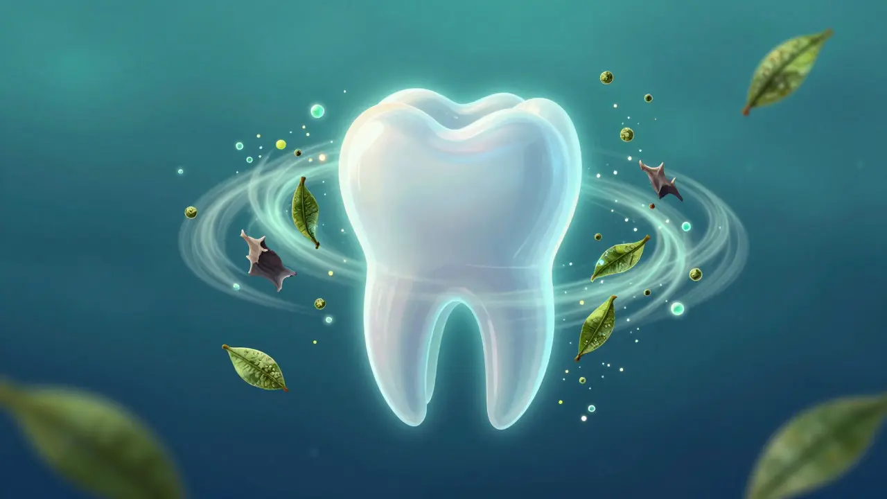 Conceptual art of a tooth protected by glowing tea particles
