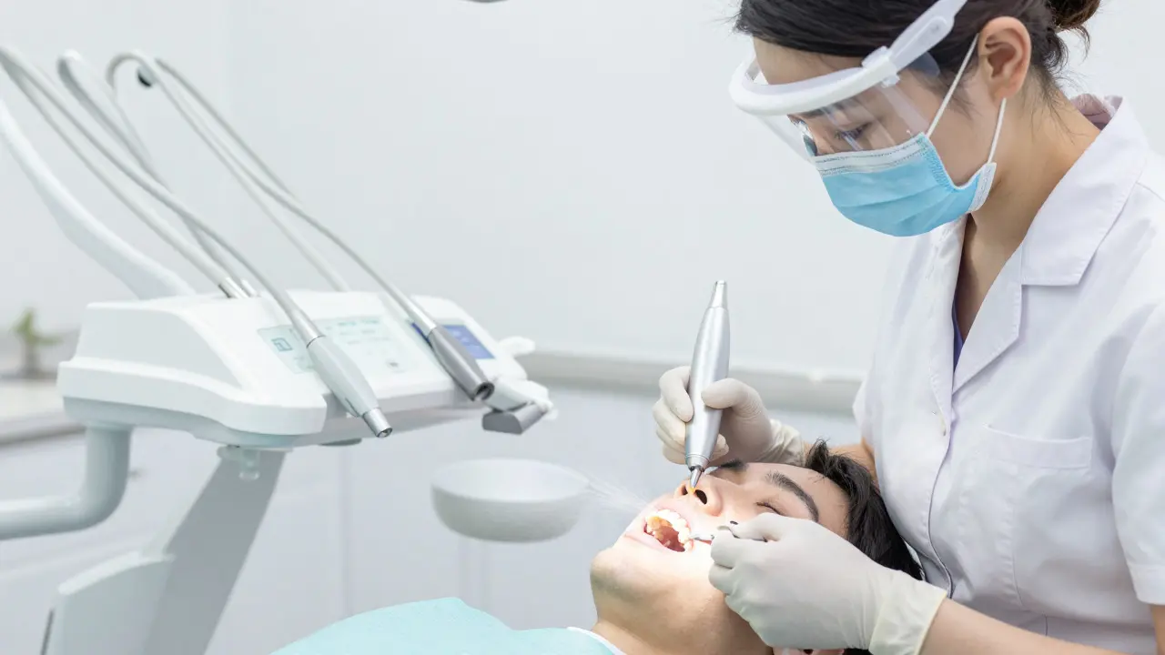 Dentální hygienista čistí zuby ultrazvukovým nástrojem v ordinaci.