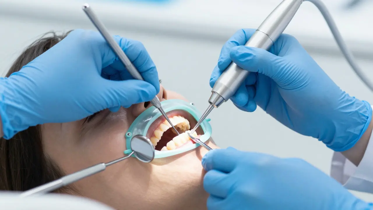 Dentista aplikuje kompozitní výplň na zub v ordinaci