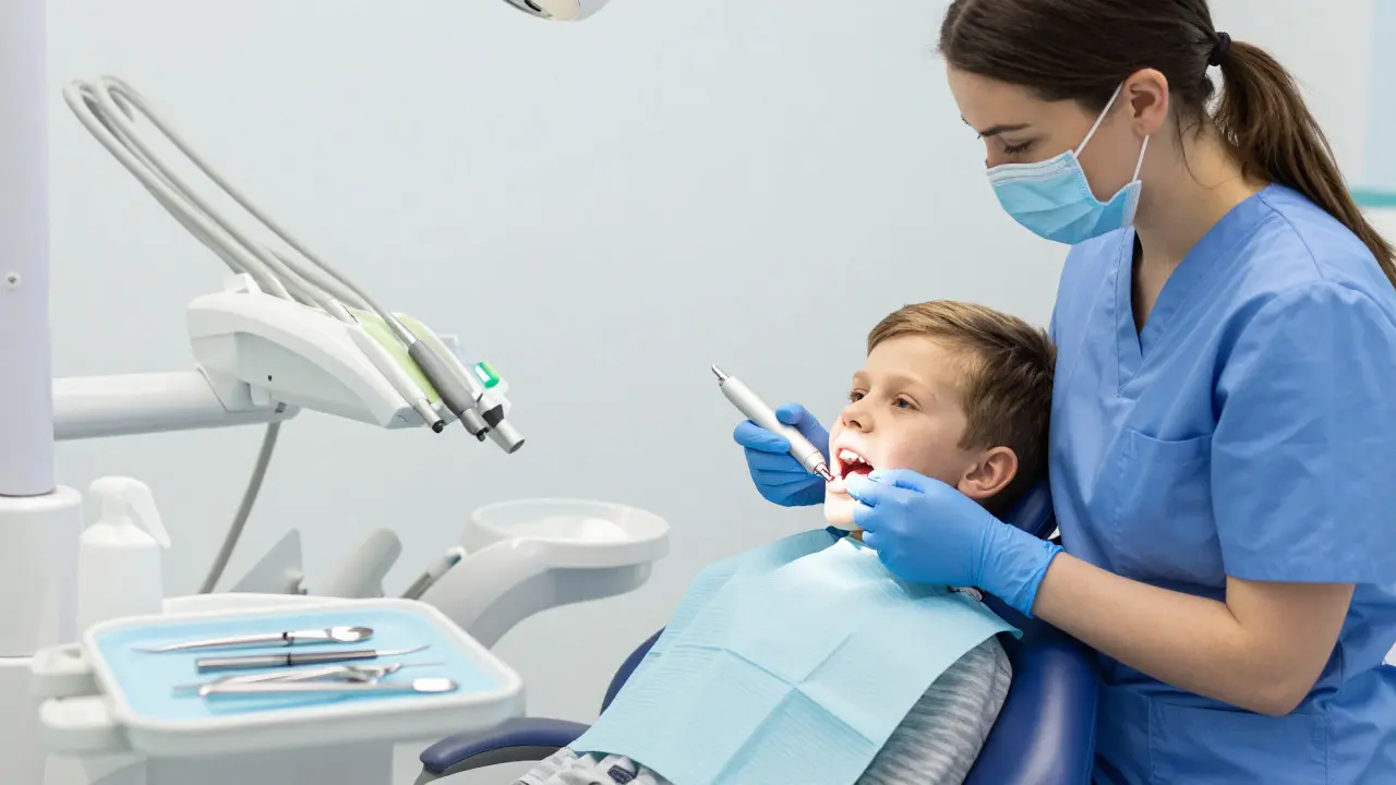 Dentistka odstraňuje zubní kámen ultrazvukem u kluka