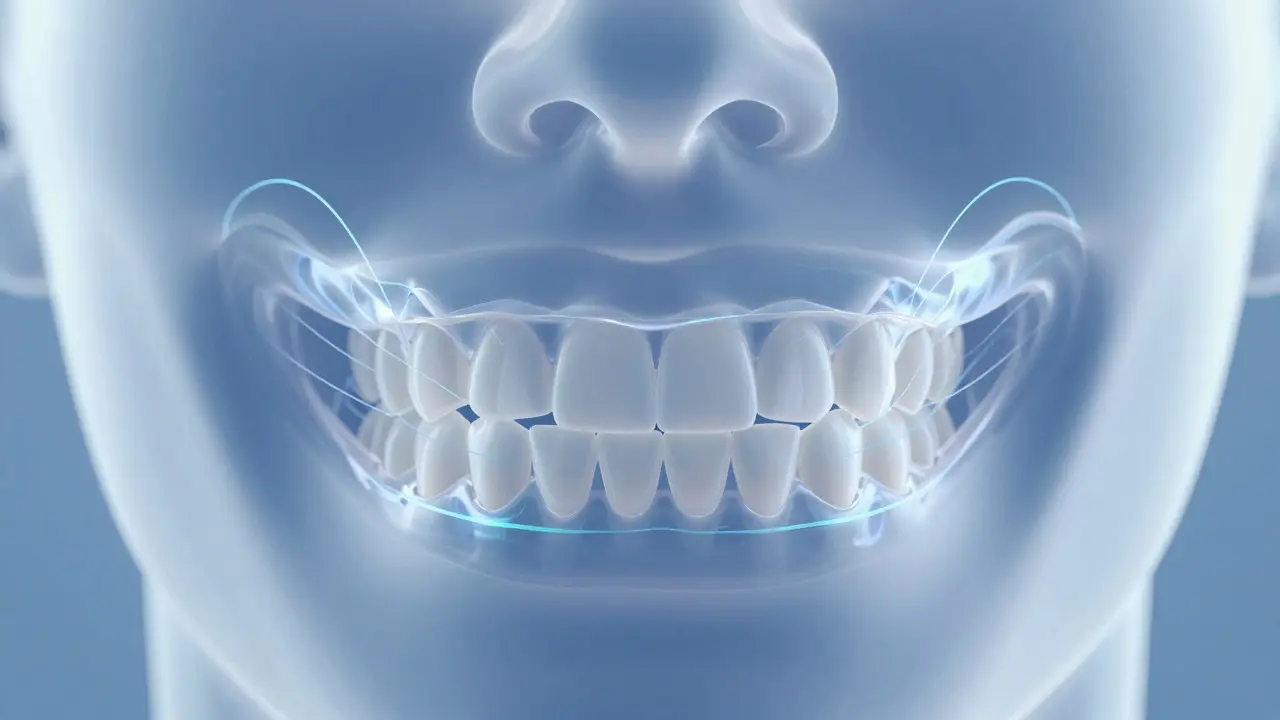 Illustration of teeth aligning inside a clear orthodontic device