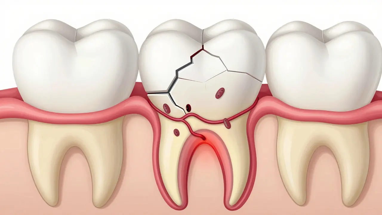 Ilustrace průřezu zubem ukazující pronikání bakterií do dentinu