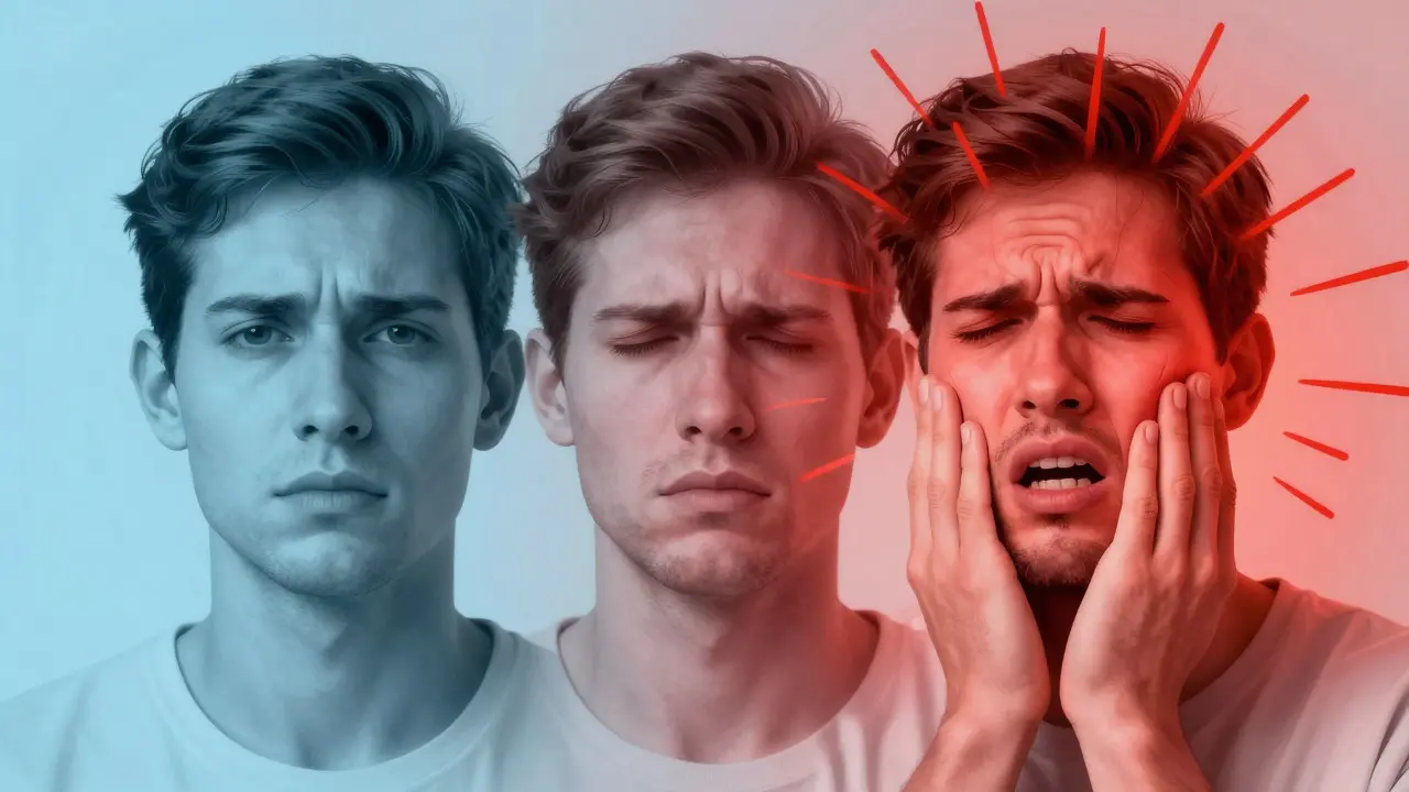 Ilustrace třech fází bolesti od klidu po silnou pulzující bolest v čelisti