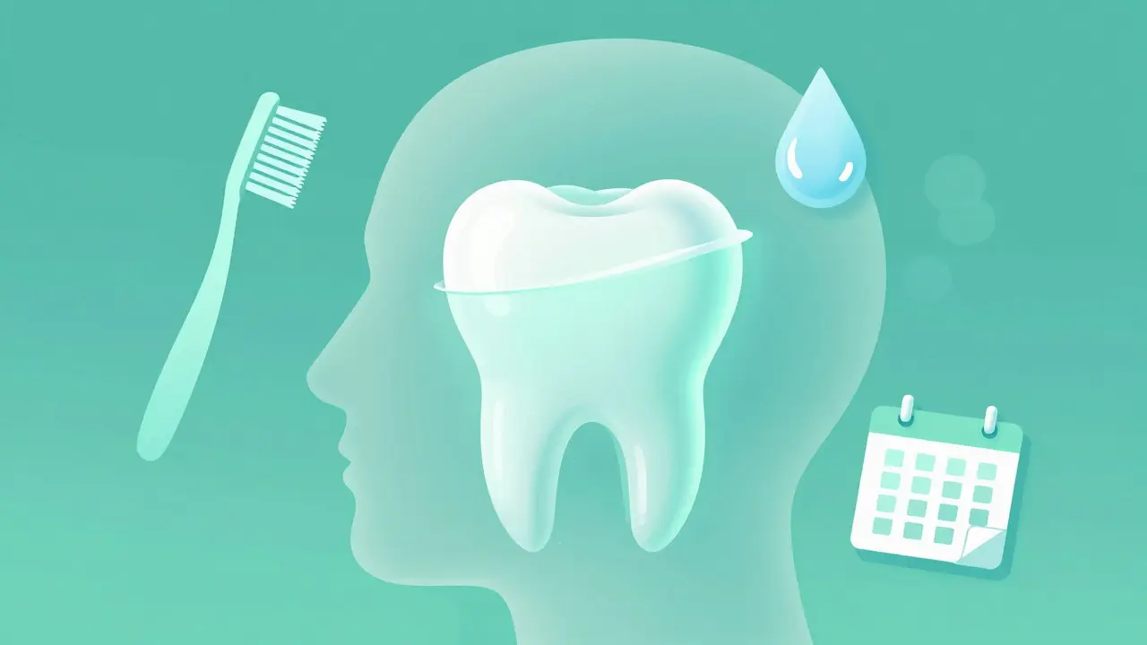 Konceptuální ilustrace zdravého zubu chráněného fasetou s symboly hygieny a pravidelných kontrol