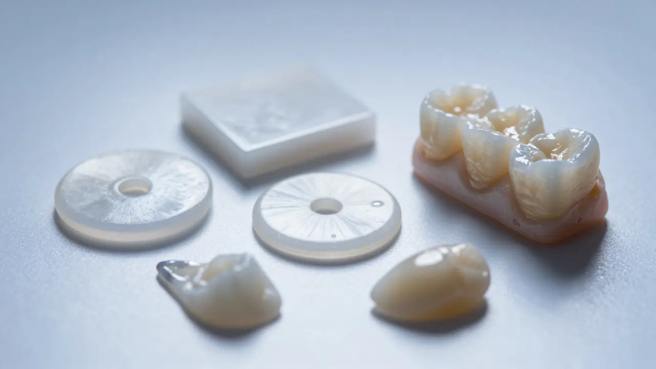 Makro záběr různých zubních materiálů jako keramika, porcelán a zirkon na bílém podkladu