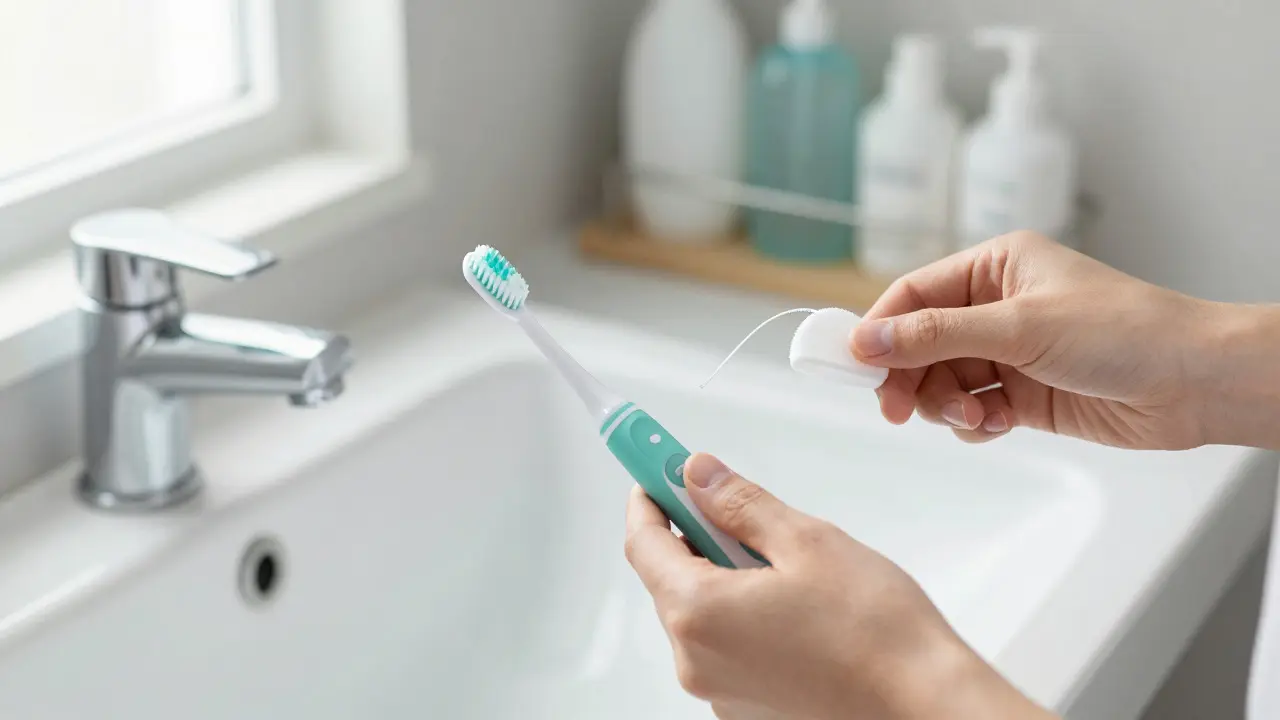 Ruce držící elektrický kartáček a dentální nit v koupelně