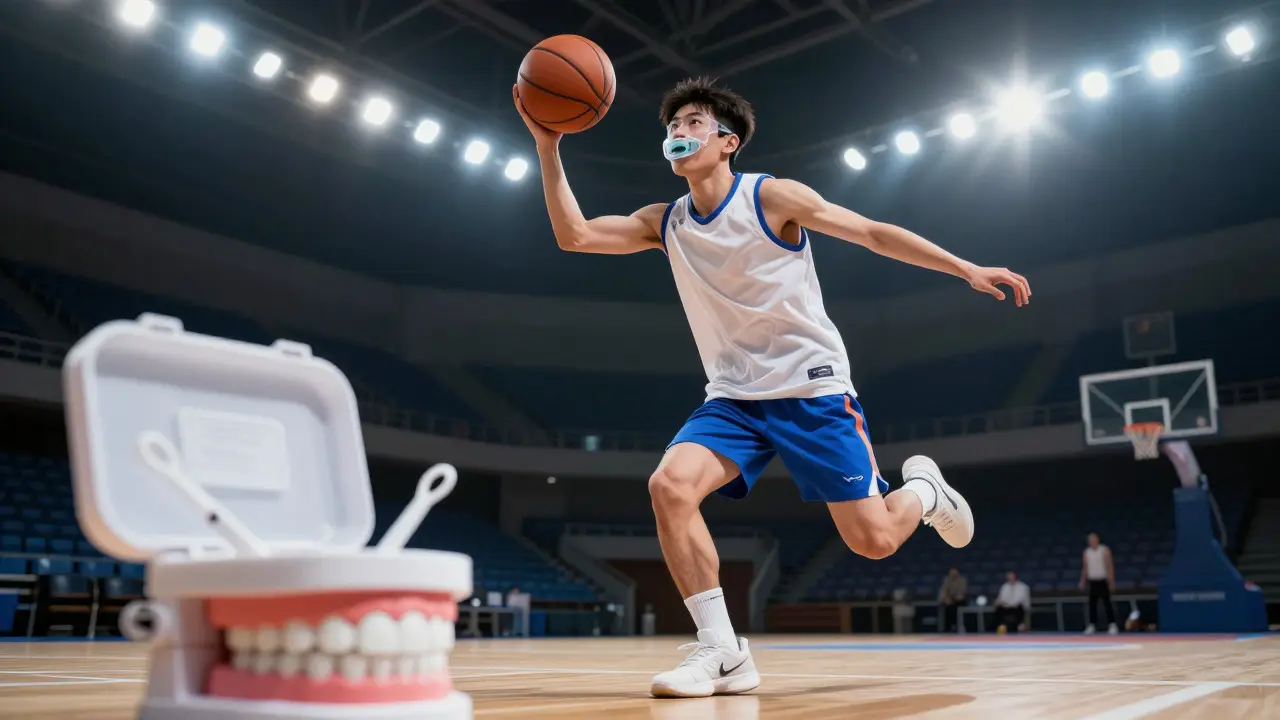 Sportovec s chráničem zubů během hry na basketbal