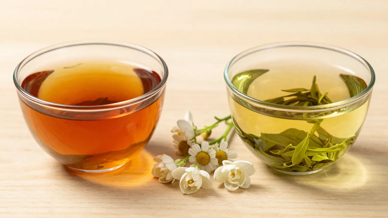 Two cups of tea, one dark black and one light green, on a table
