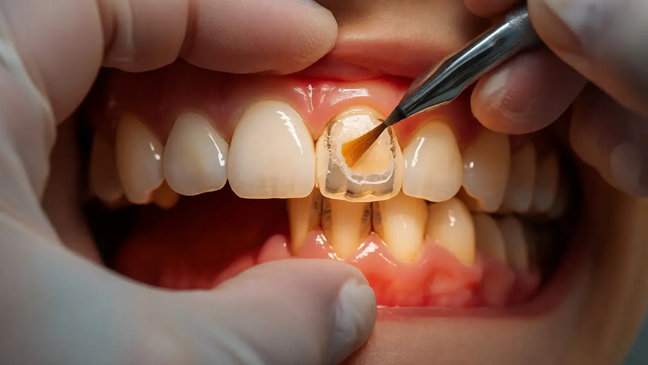 Dentista aplikuje pryskyřici na bílou skvrnu po sundání rovnátek
