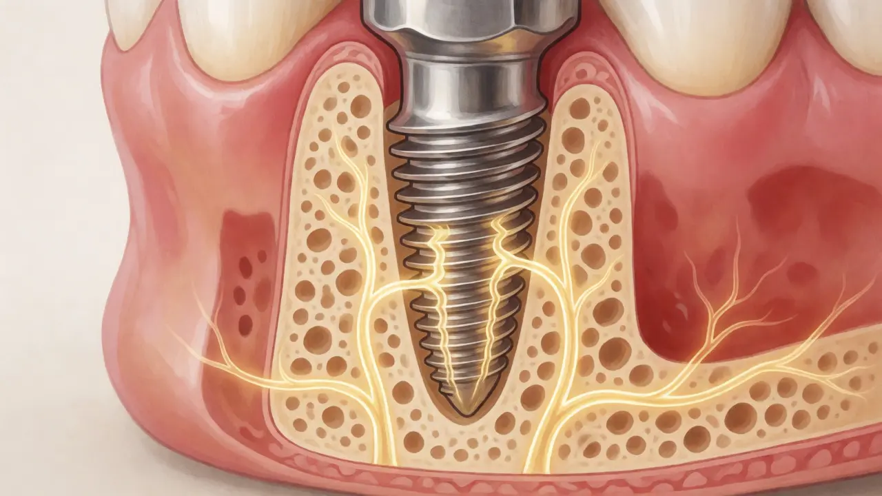 Ilustrace osseointegrace titanového implantátu v kosti