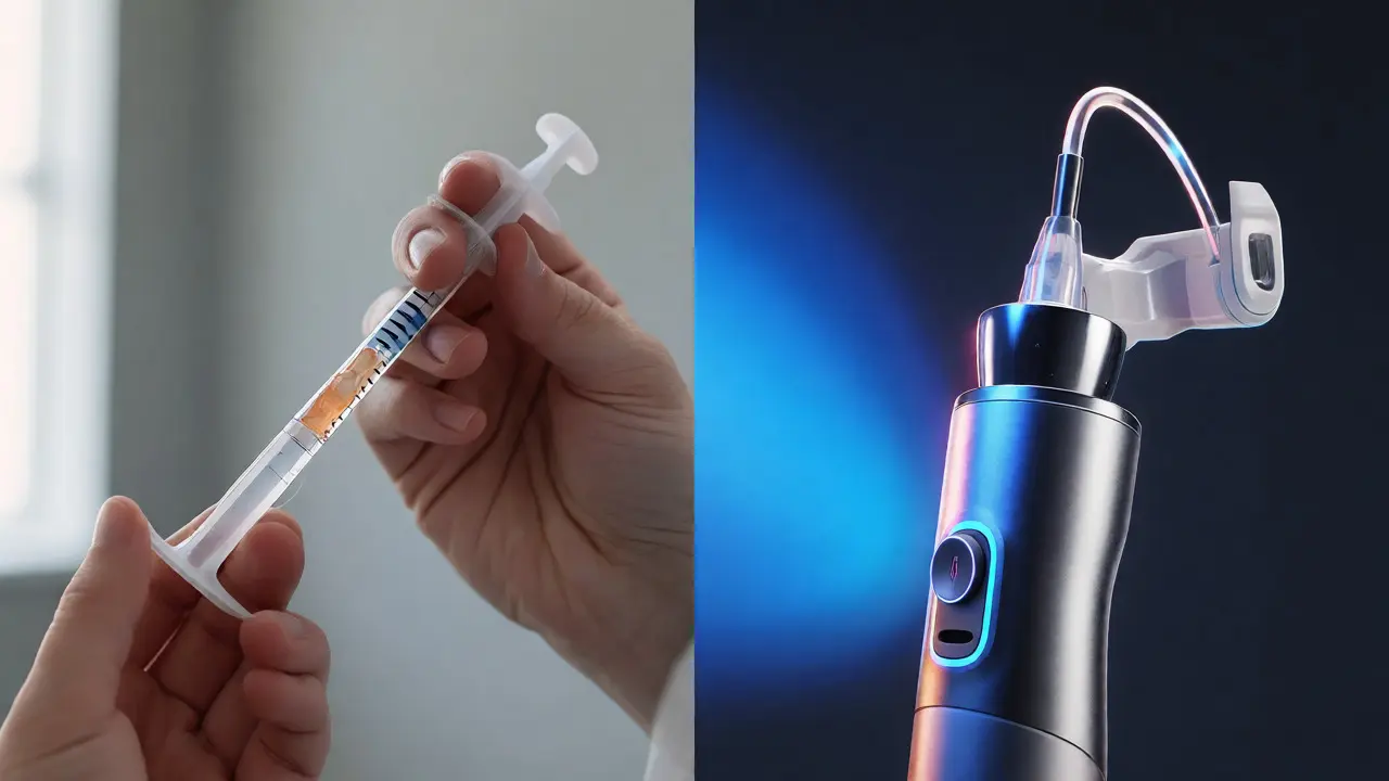 Porovnání běžné injekce a pokročilého přístroje pro bezbolestnou anestezii.