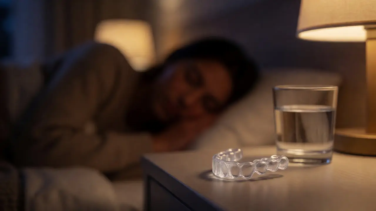 Průhledná noční dlahová podložka na nočním stolku pro ochranu zubů