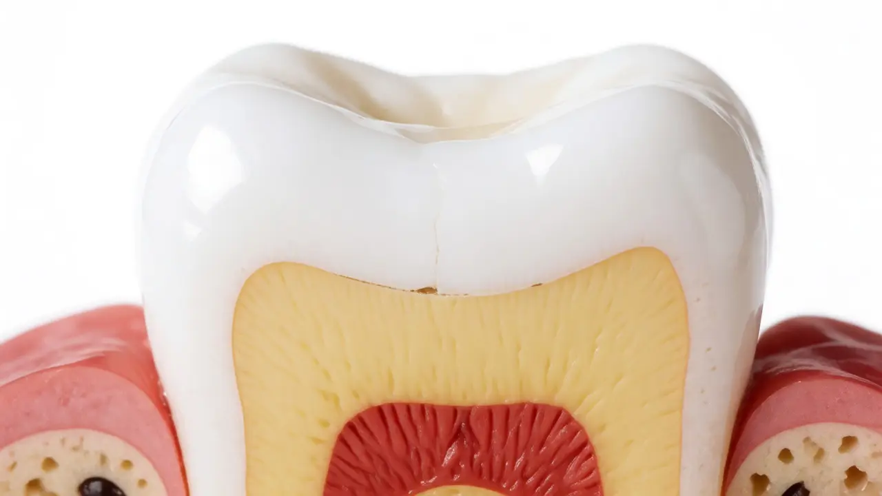 Řez zubem ukazující prasklinu ve sklovině a dentinu