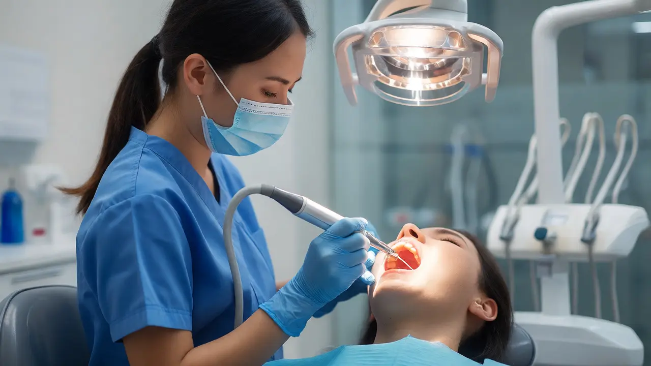 Dentální hygienistka provádí ultrazvukovou skalaci zubního kamene v ordinaci